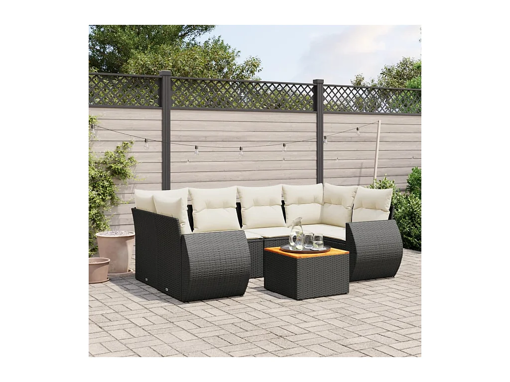 Set de comedor de jardín 7 pzas y cojines ratán sintético negro