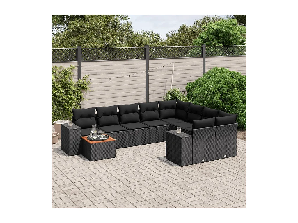 Salon de jardin 10 pcs avec coussins noir résine tressée