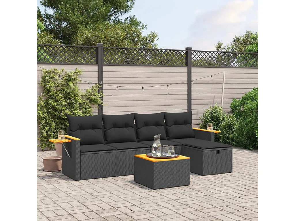 6 pcs conjunto sofás de jardim c/ almofadões vime PE preto