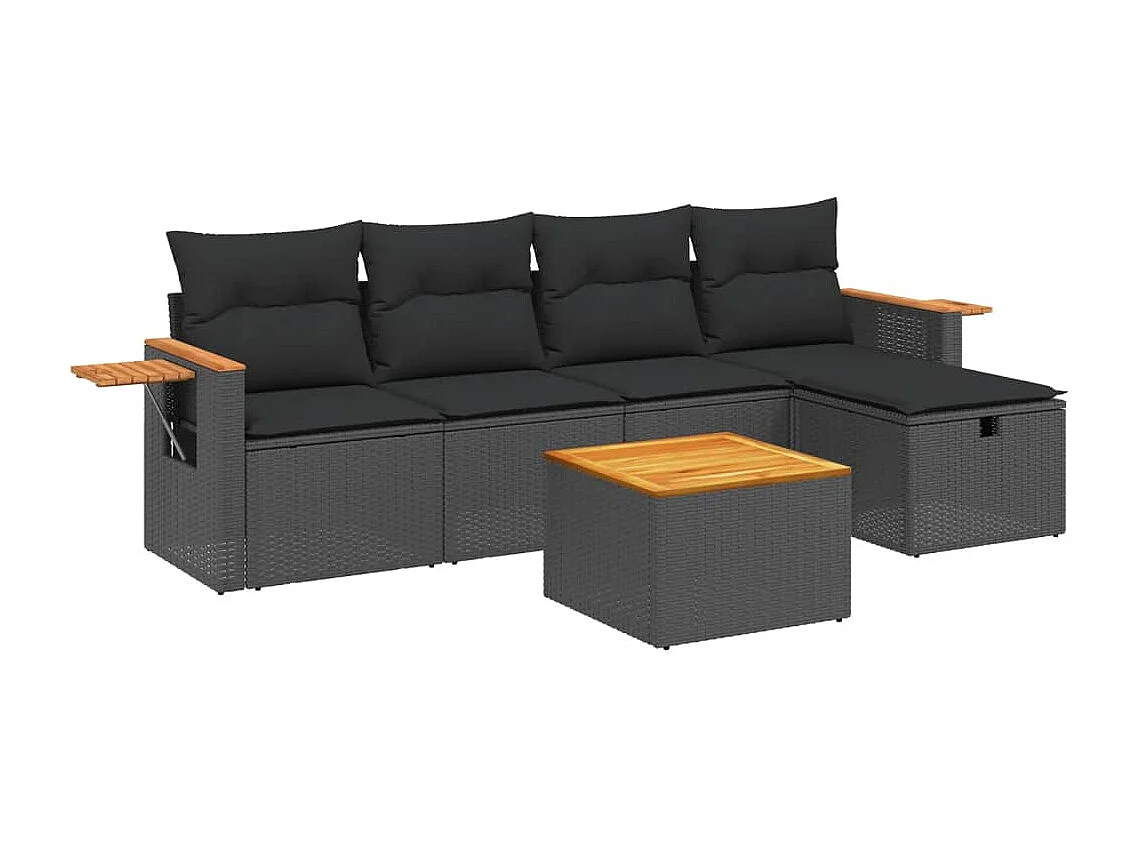 6 pcs conjunto sofás de jardim c/ almofadões vime PE preto