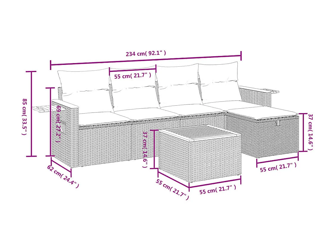 6 pcs conjunto sofás de jardim c/ almofadões vime PE preto