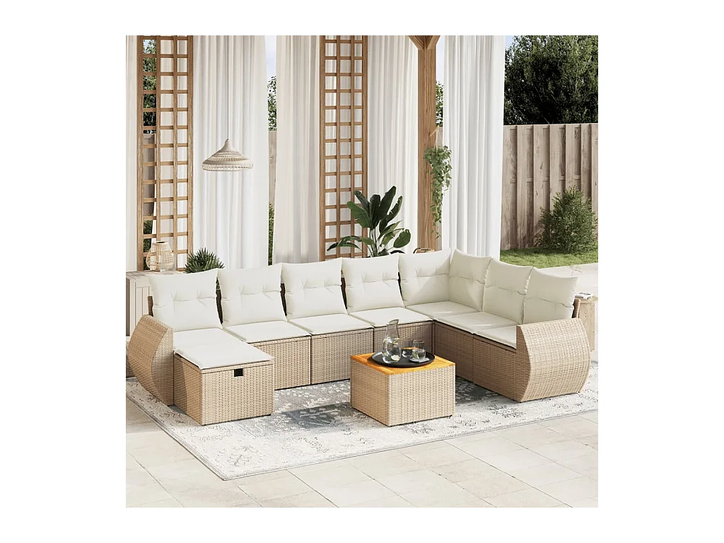Set Divano da Giardino 9 pz con Cuscini Beige in Polyrattan