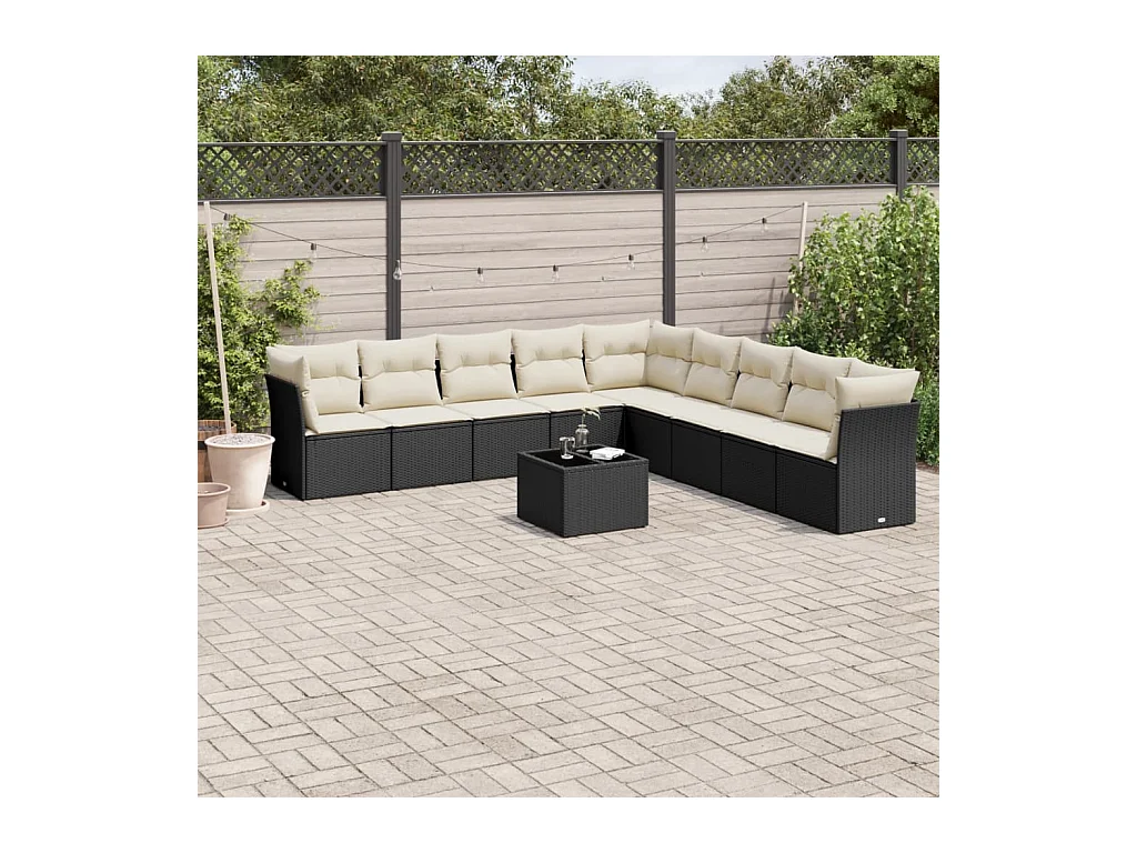 10-delige Loungeset met kussens poly rattan zwart