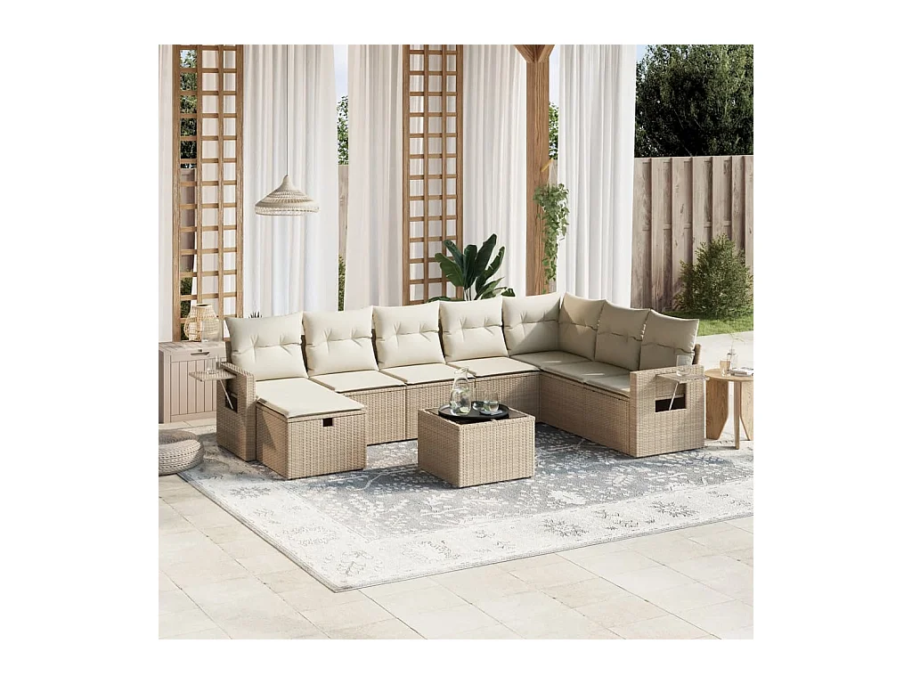 Salon de jardin avec coussins 9 pcs beige résine tressée