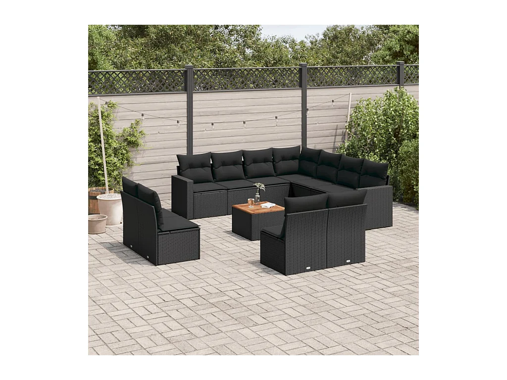 Salon de jardin 12 pcs avec coussins noir résine tressée