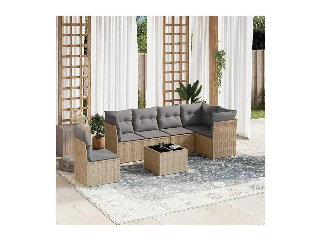 7 pcs conjunto de sofás p/ jardim com almofadões vime PE bege