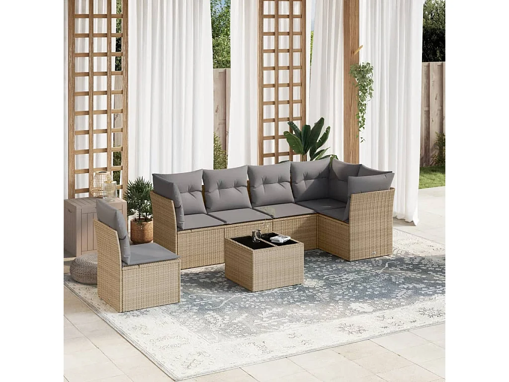 Set Divani da Giardino 7 pz con Cuscini Beige in Polyrattan