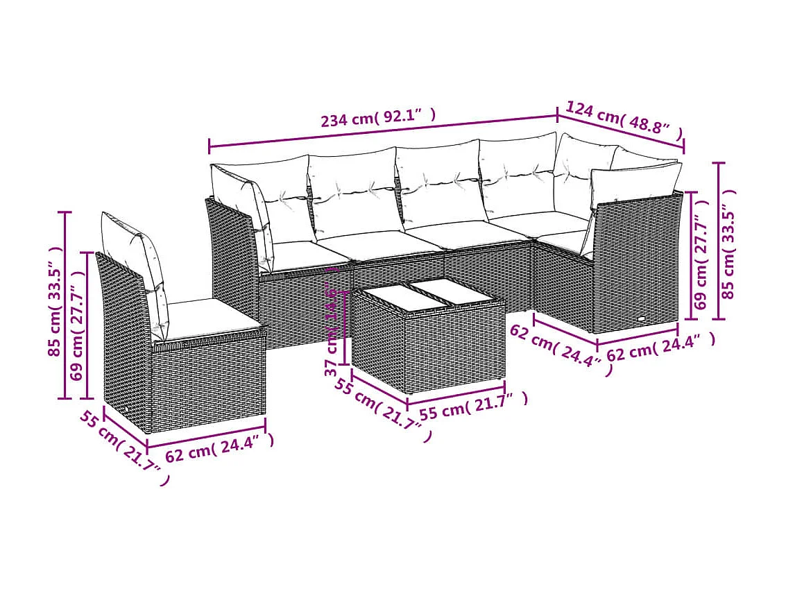 Set Divani da Giardino 7 pz con Cuscini Beige in Polyrattan