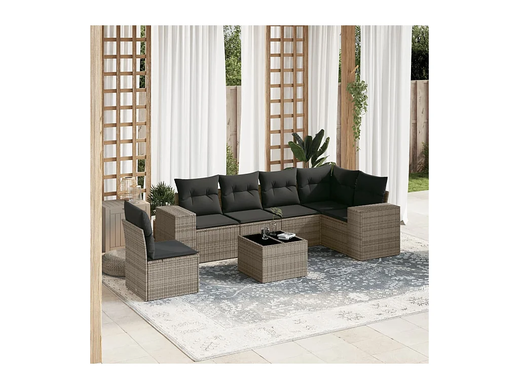 Salon de jardin avec coussins 7 pcs gris résine tressée