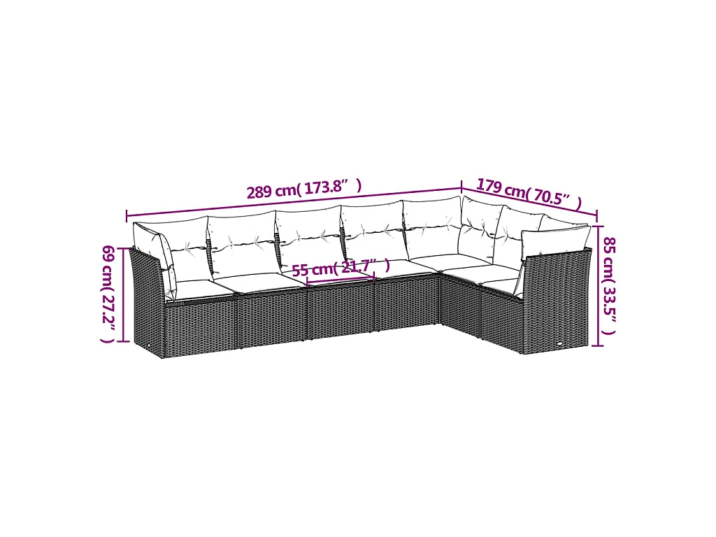 7 pcs conjunto de sofás p/ jardim c/ almofadões vime PE preto