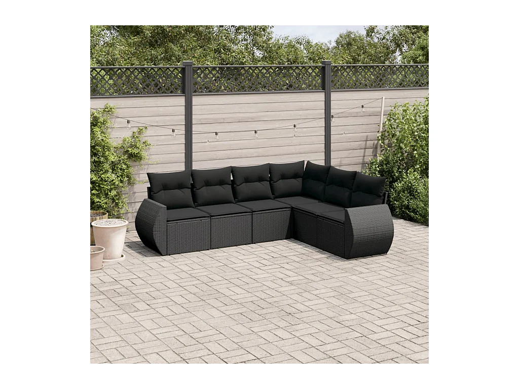Salon de jardin 6 pcs avec coussins noir résine tressée