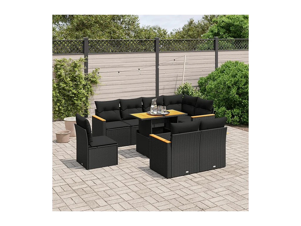 9 pcs conjunto de sofás p/ jardim c/ almofadões vime PE preto