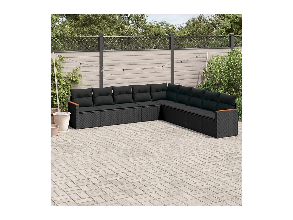 Salon de jardin 9 pcs avec coussins noir résine tressée