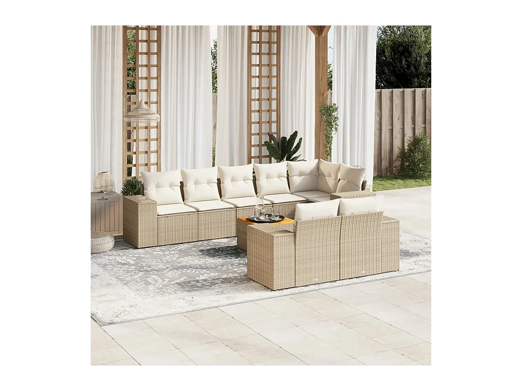 Salon de jardin avec coussins 9 pcs beige résine tressée