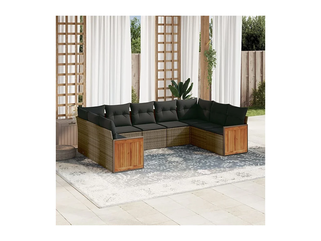Salon de jardin 9 pcs avec coussins gris résine tressée