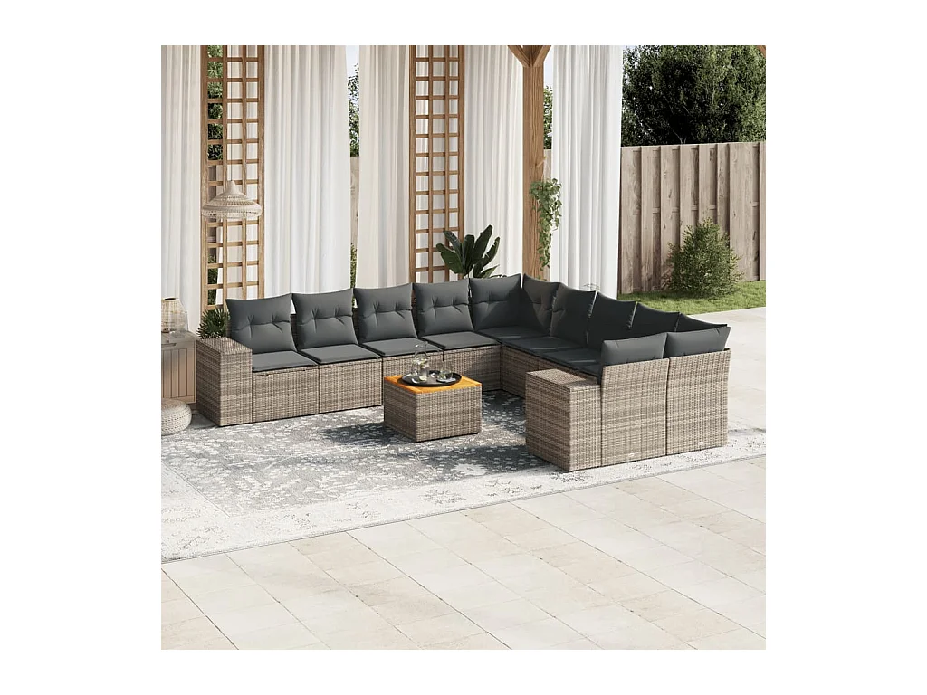 Salon de jardin 11 pcs avec coussins gris résine tressée