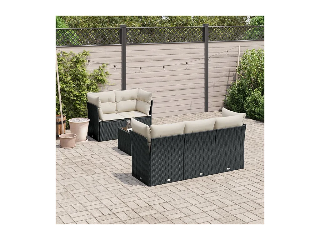 6-delige Loungeset met kussens poly rattan zwart