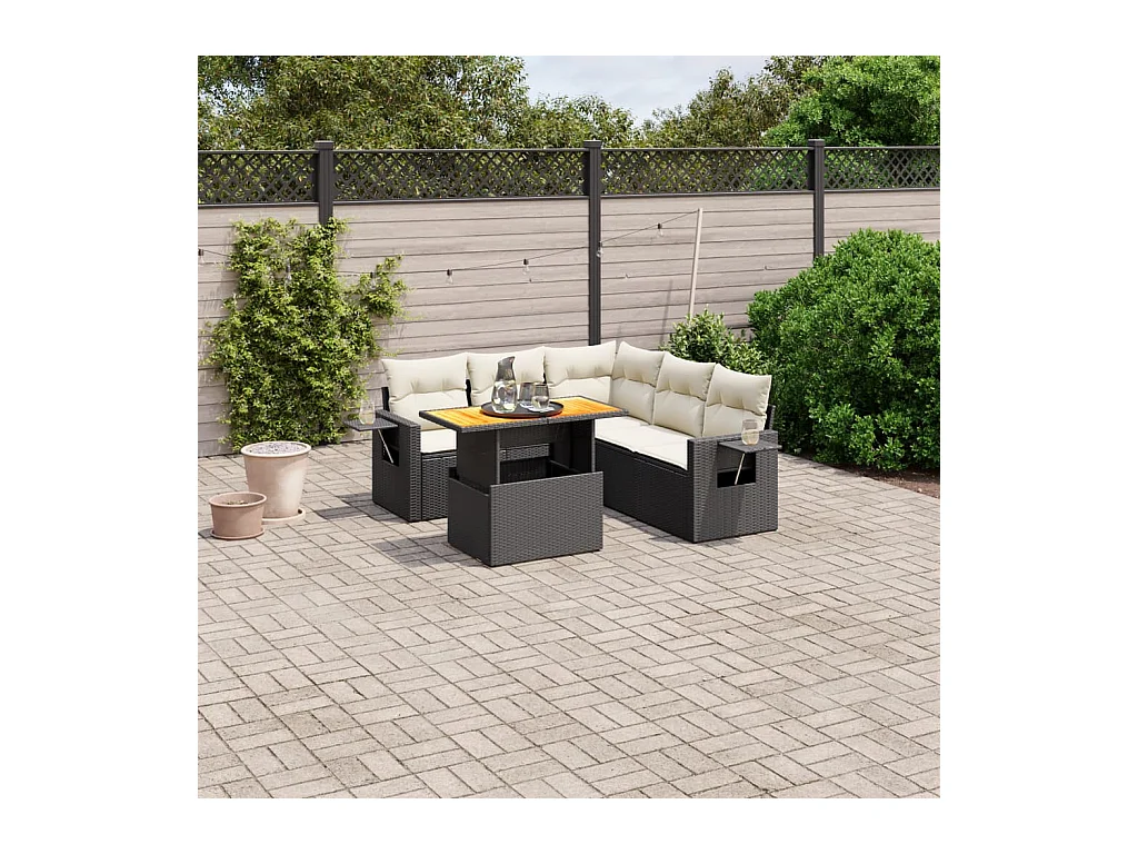 Salon de jardin 6 pcs avec coussins noir résine tressée