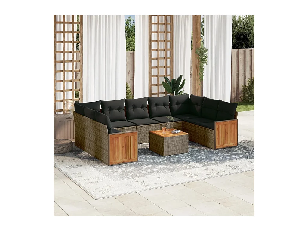 10-delige Loungeset met kussens poly rattan grijs