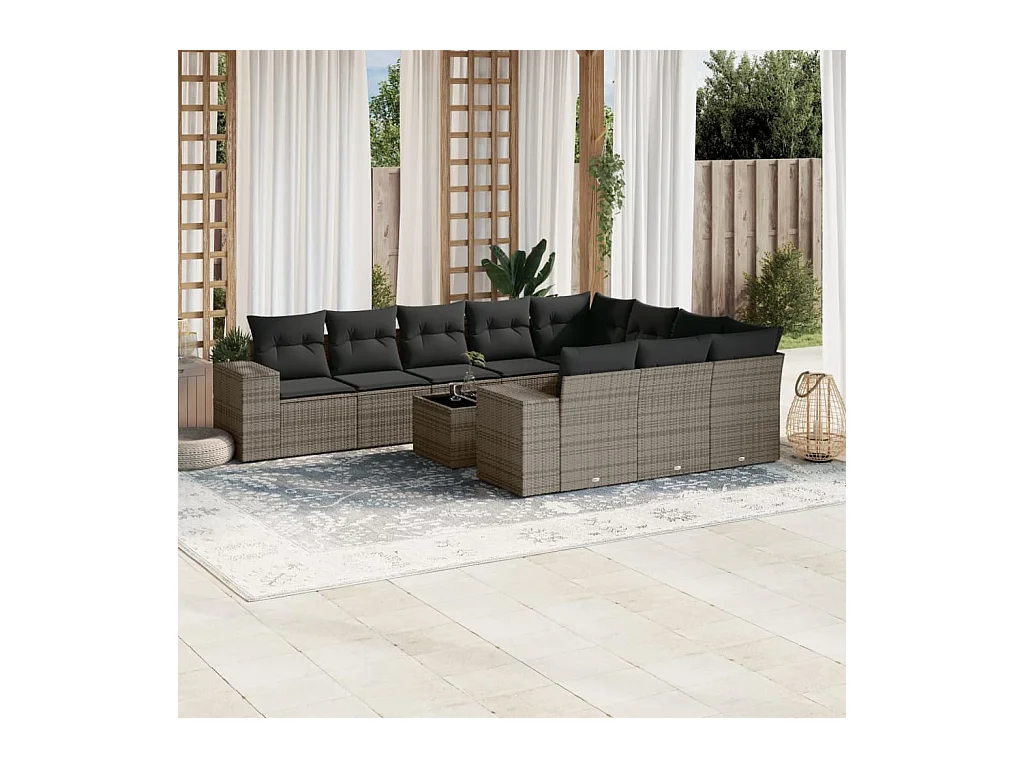 Salon de jardin 11 pcs avec coussins gris résine tressée