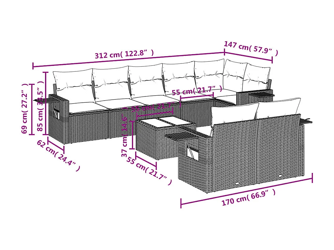Salon de jardin 9 pcs avec coussins noir résine tressée