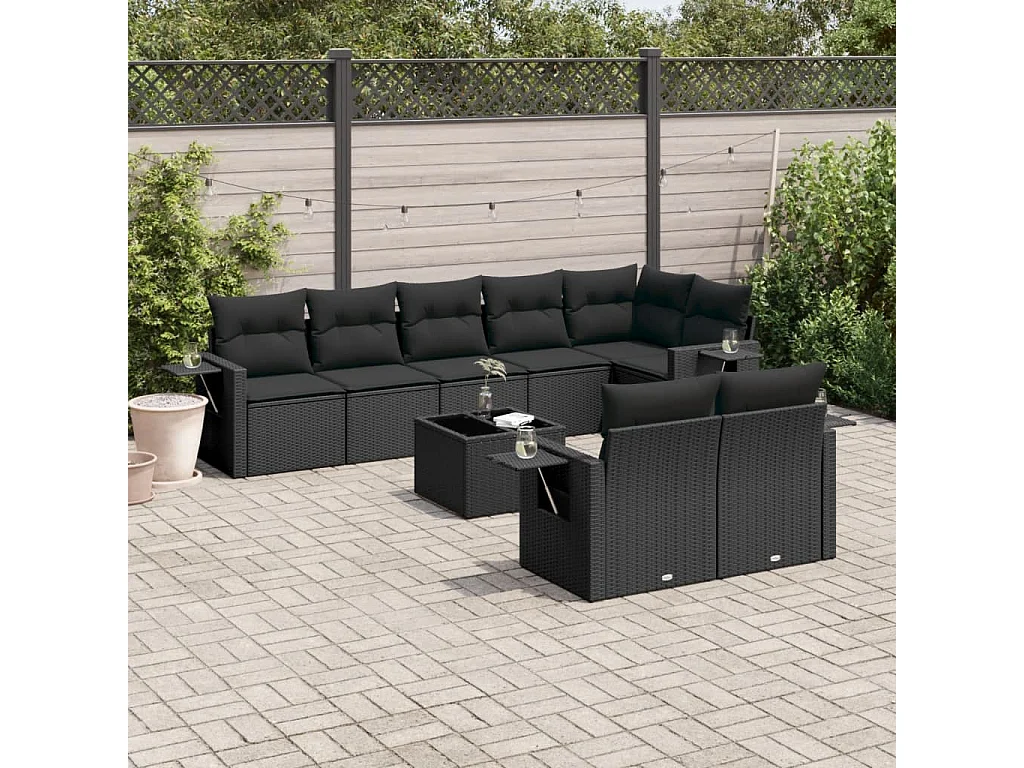 9-tlg. Garten-Sofagarnitur mit Kissen Schwarz Poly Rattan
