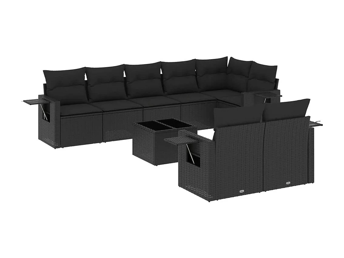 9-tlg. Garten-Sofagarnitur mit Kissen Schwarz Poly Rattan