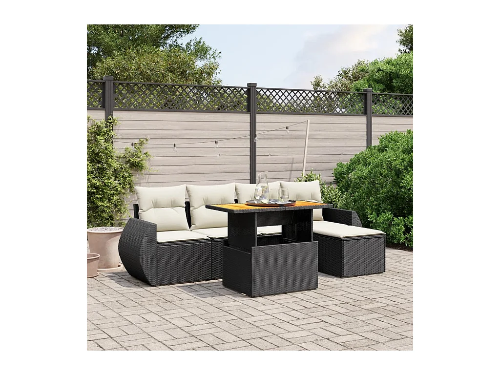 Salon de jardin 6 pcs avec coussins noir résine tressée