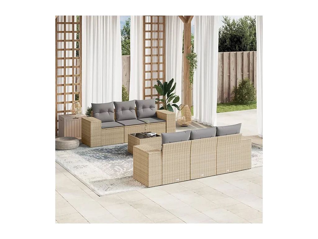 Set Divani da Giardino 7 pz con Cuscini Beige in Polyrattan