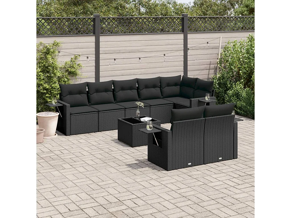 9-tlg. Garten-Sofagarnitur mit Kissen Schwarz Poly Rattan