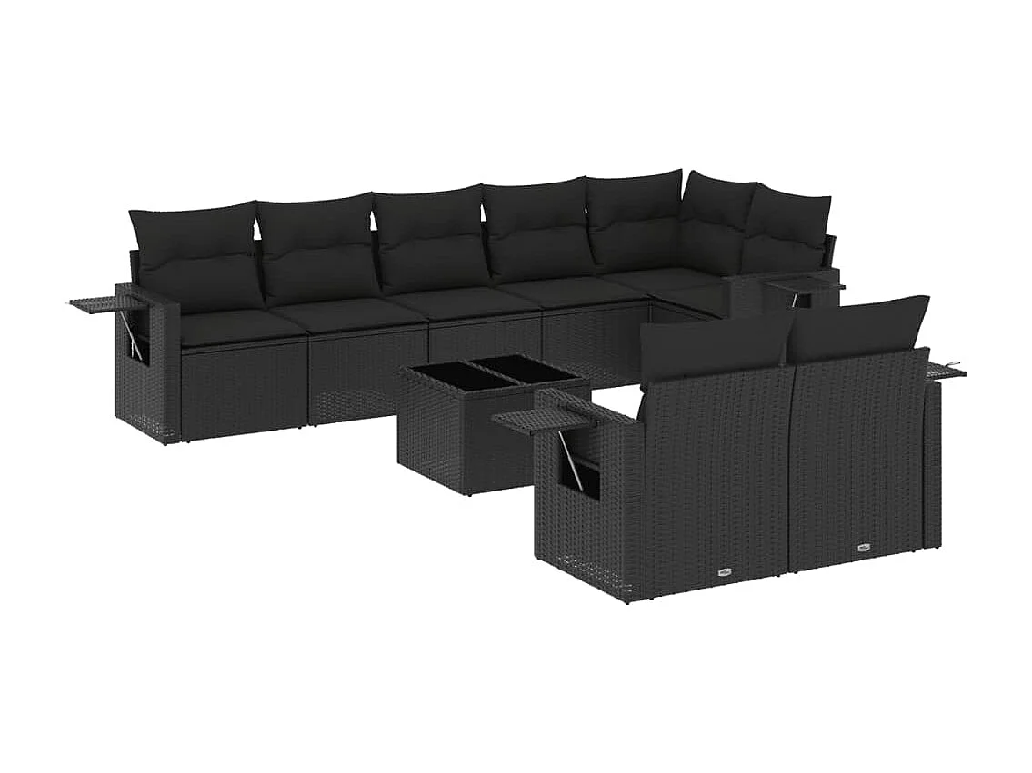 9-tlg. Garten-Sofagarnitur mit Kissen Schwarz Poly Rattan