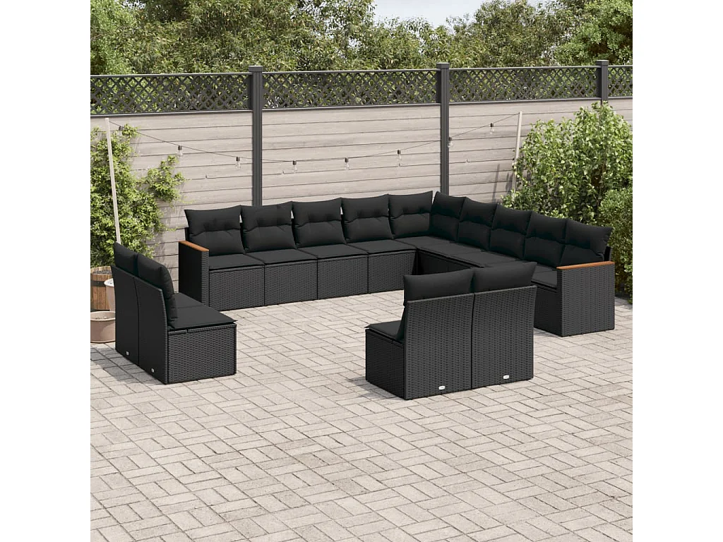 Set Divani da Giardino 13pz con Cuscini Nero in Polyrattan