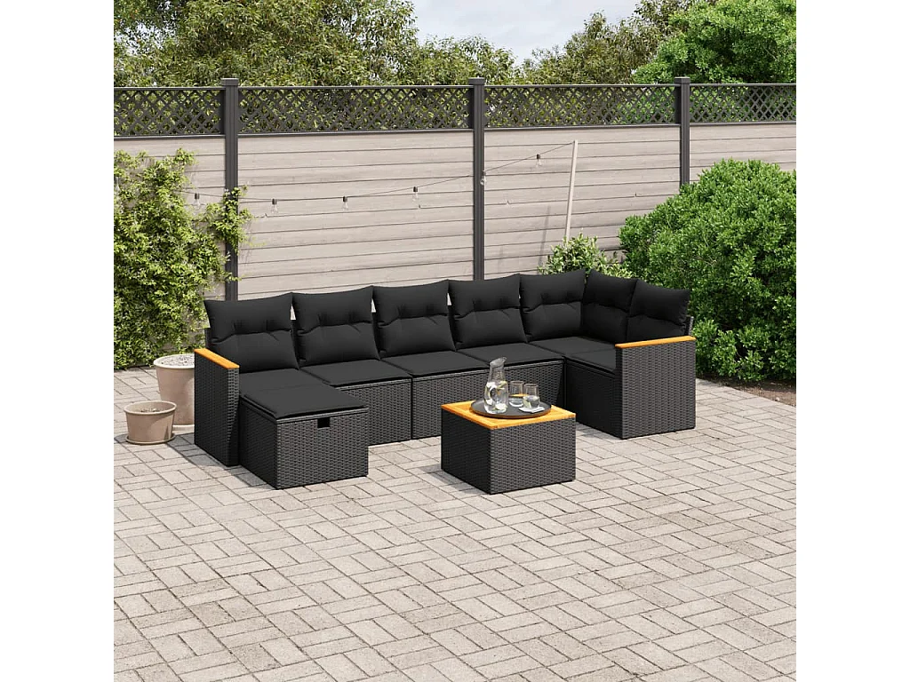 Salon de jardin 8 pcs avec coussins noir résine tressée
