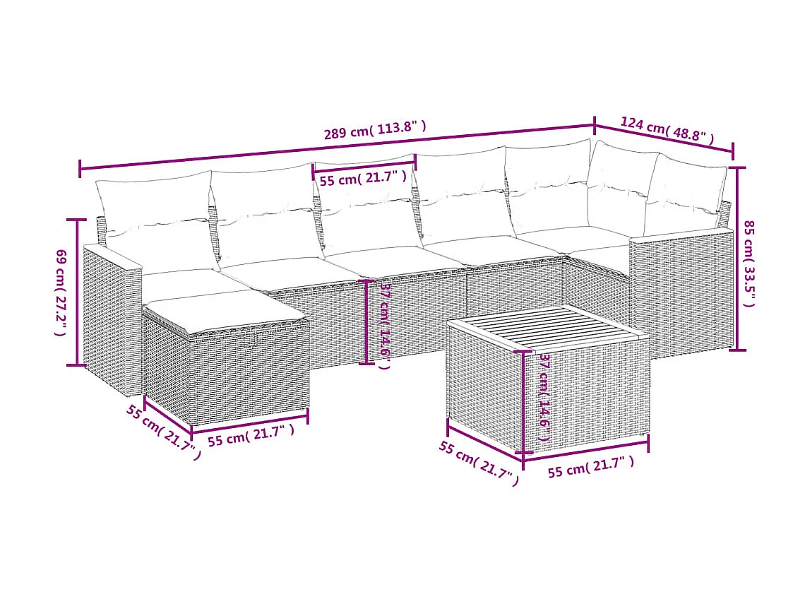 Salon de jardin 8 pcs avec coussins noir résine tressée