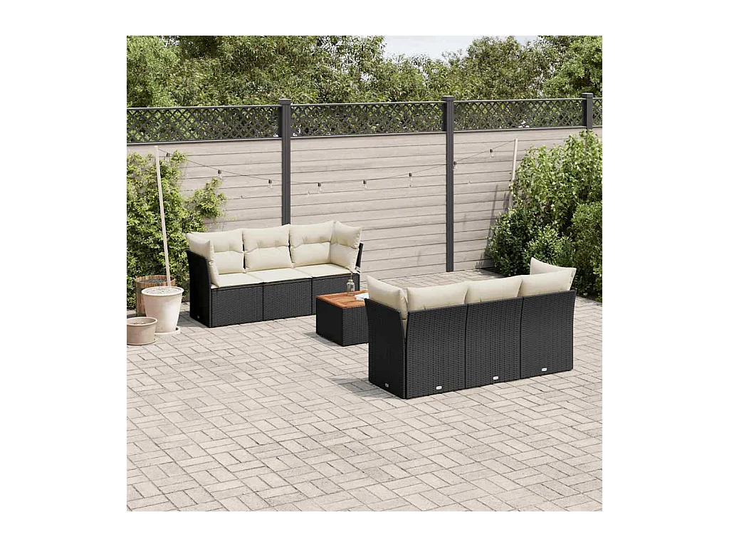 Salon de jardin 7 pcs avec coussins noir résine tressée