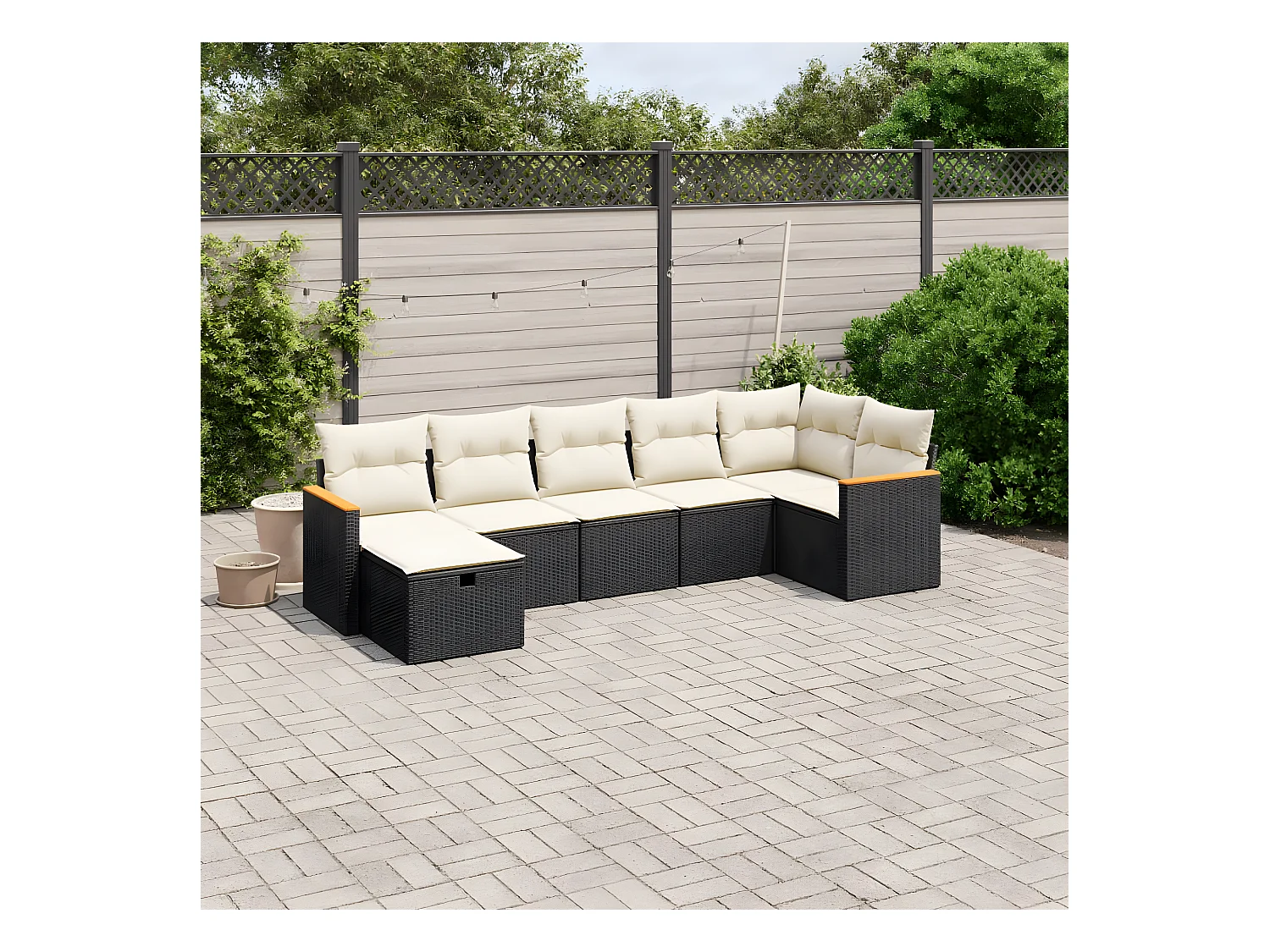 Salon de jardin 7 pcs avec coussins noir résine tressée