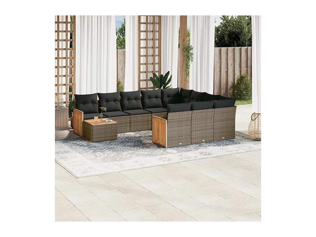 Set de sofás de jardín 11 pzas y cojines ratán sintético gris