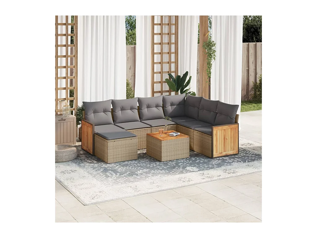 Salon de jardin avec coussins 8 pcs beige résine tressée