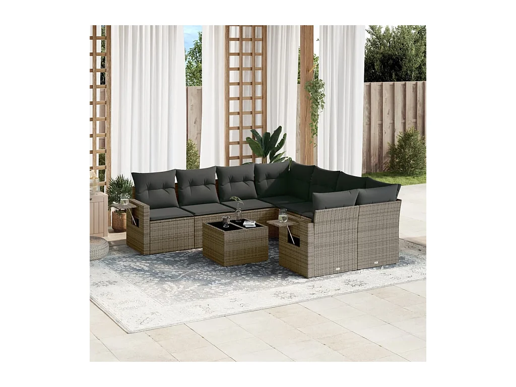 Salon de jardin 9 pcs avec coussins gris résine tressée