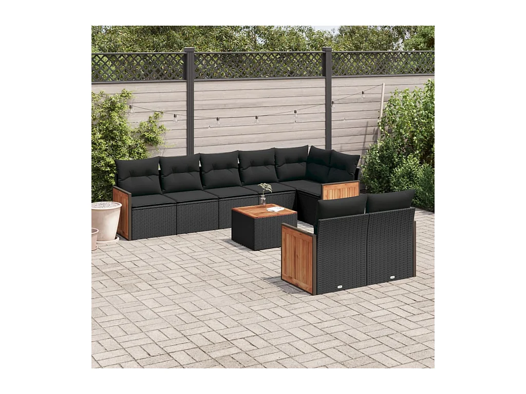 9-tlg. Garten-Sofagarnitur mit Kissen Schwarz Poly Rattan