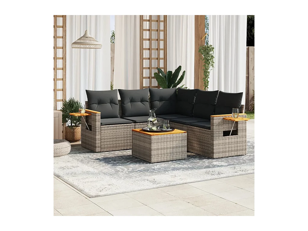 6-delige Loungeset met kussens poly rattan grijs