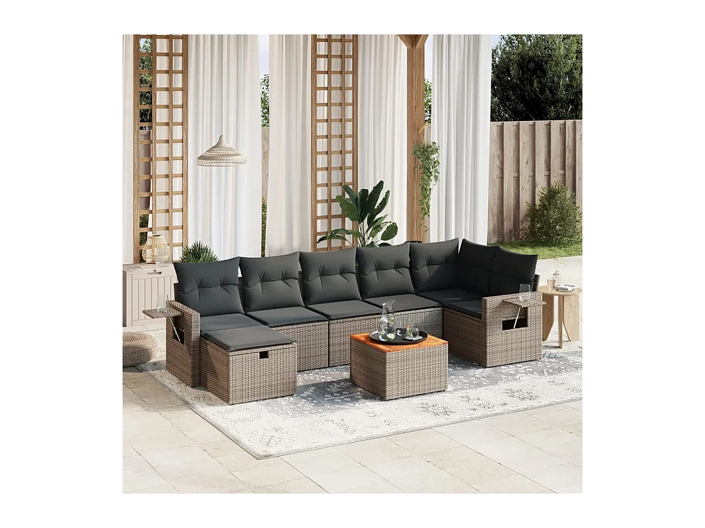 8-delige Loungeset met kussens poly rattan grijs