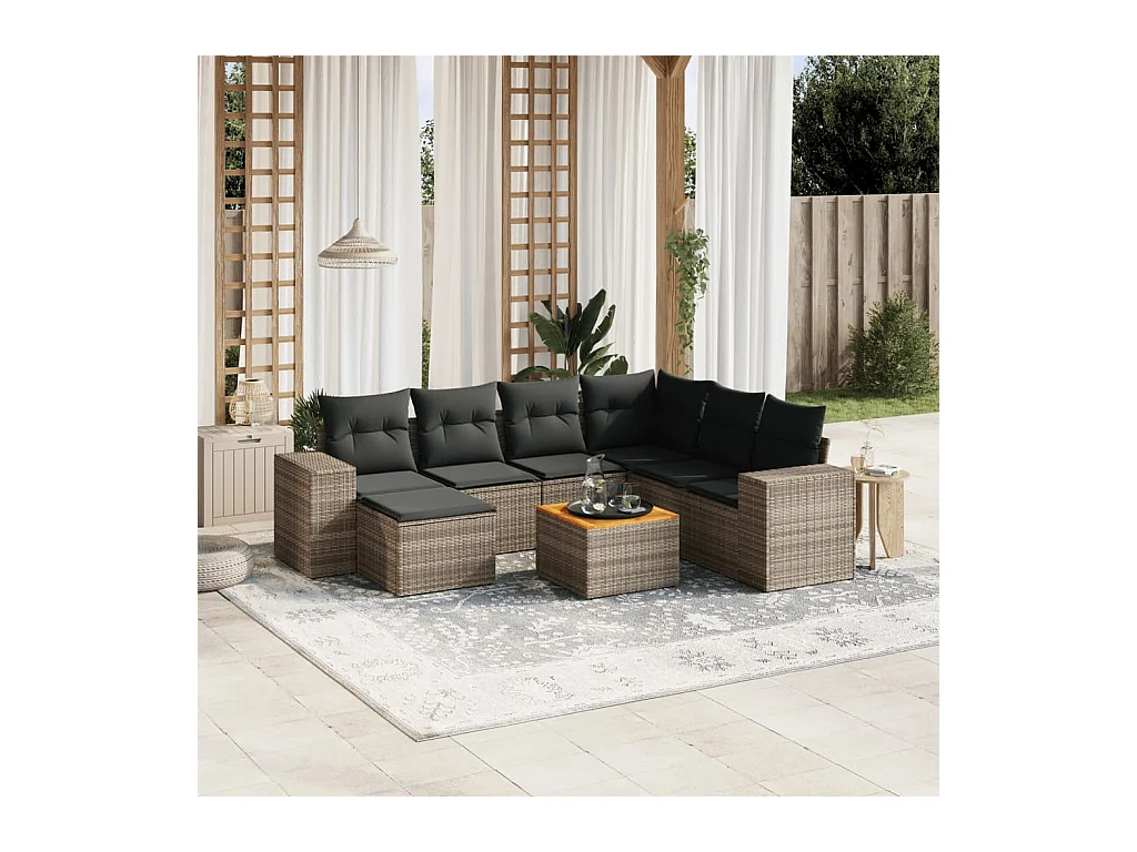 8-delige Loungeset met kussens poly rattan grijs