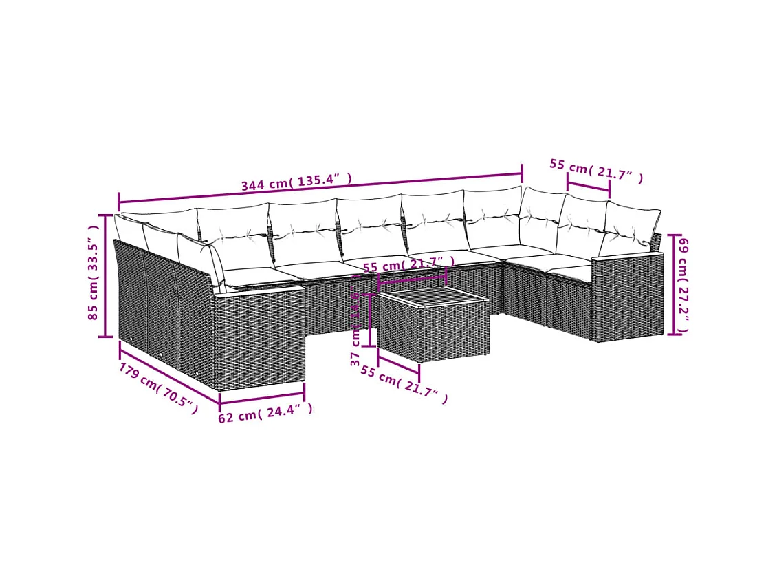 11-tlg. Garten-Sofagarnitur mit Kissen Schwarz Poly Rattan