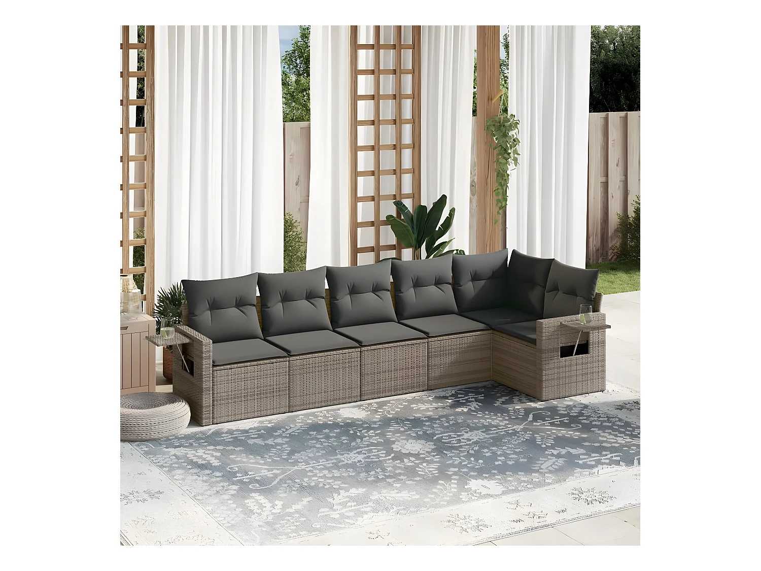 Salon de jardin 6 pcs avec coussins gris résine tressée