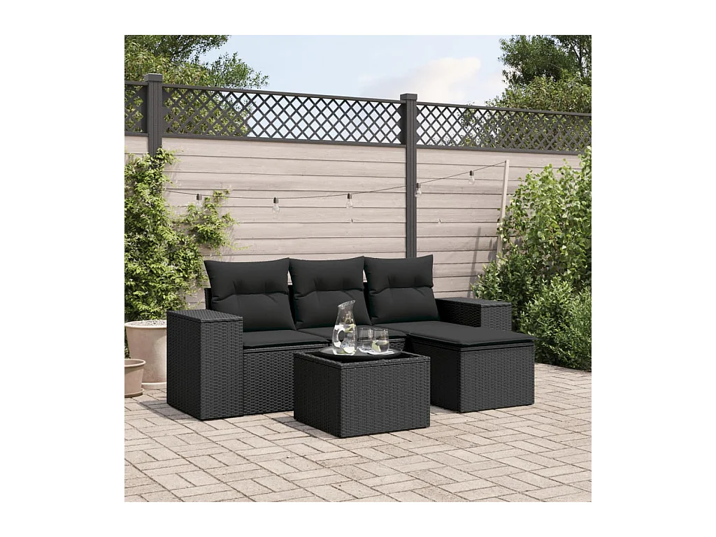 5-tlg. Garten-Sofagarnitur mit Kissen Schwarz Poly Rattan