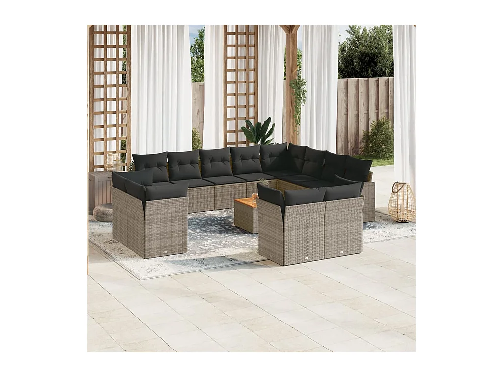 Salon de jardin avec coussins 13 pcs gris résine tressée