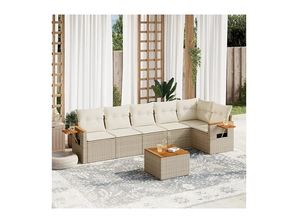 7 pcs conjunto de sofás p/ jardim com almofadões vime PE bege