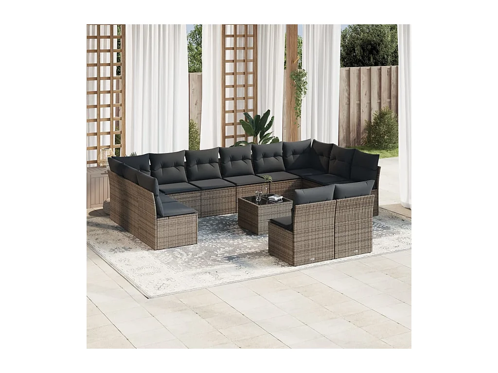 Salon de jardin avec coussins 13 pcs gris résine tressée