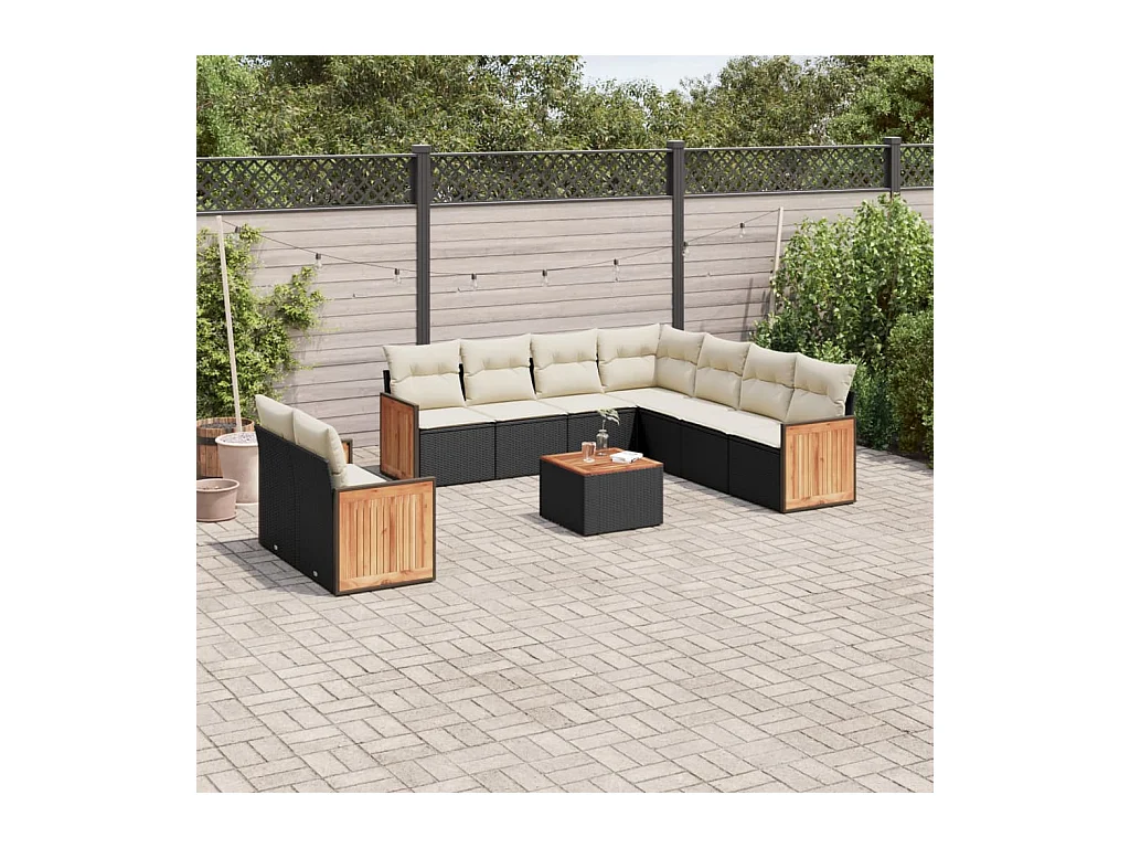 10-delige Loungeset met kussens poly rattan zwart
